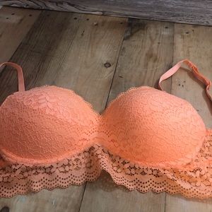 Women’s Padded 36C Longline Lace Coral Orange Sherbet Bra Nylon Spandex